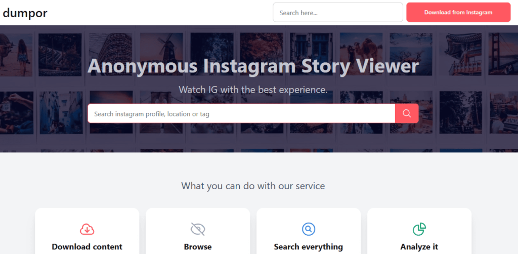 Interface eines anonymen Instagram Story Viewers mit Suchfunktion und Download-Option - Dumpor ermöglicht diskrete Story-Betrachtung