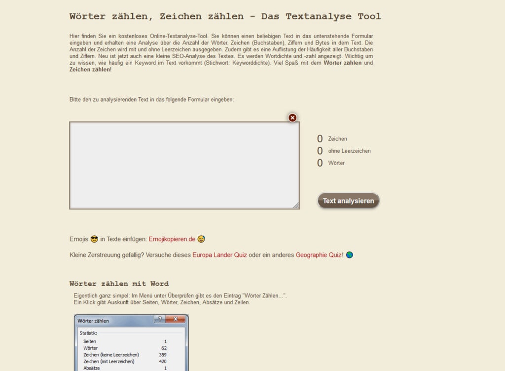 Screenshot Online Wörter Zähler von www.woerter-zaehlen.de