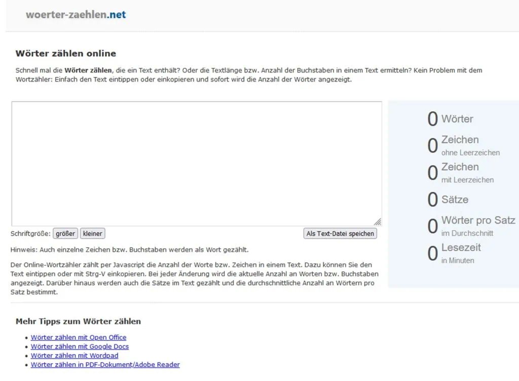 Das Tool zum Wörter zählen online auf der Webseite von woerter-zaehlen.net