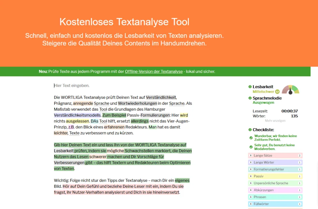 Screnshot des Textanalyse Tool bzw. SEO Text Analyse Tool auf www.textanalyse-tool.de