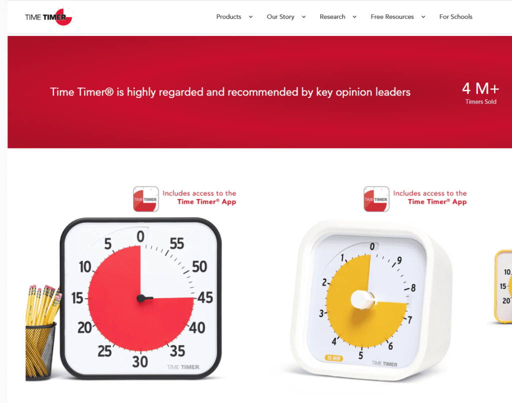 Werbeanzeige für Time Timer zeigt zwei Timer-Modelle mit roter Zeitvisualisierung und Verkaufserfolg von 4 Millionen Geräten