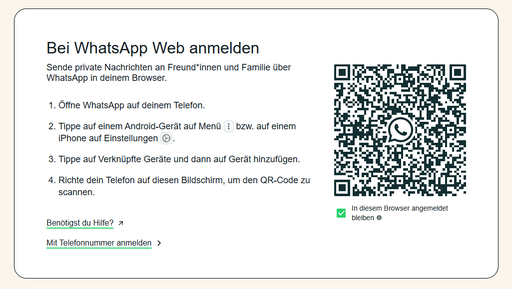 WhatsApp Web Anmeldeseite mit QR-Code und Schritt-für-Schritt Anleitung zur Verknüpfung des Smartphones