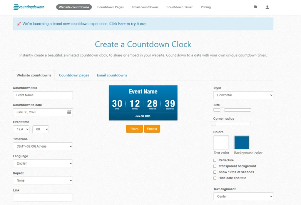 Benutzeroberfläche von countingdownto.com mit Countdown-Einstellungen und Timer-Vorschau für 30 Tage bis zum Zieldatum