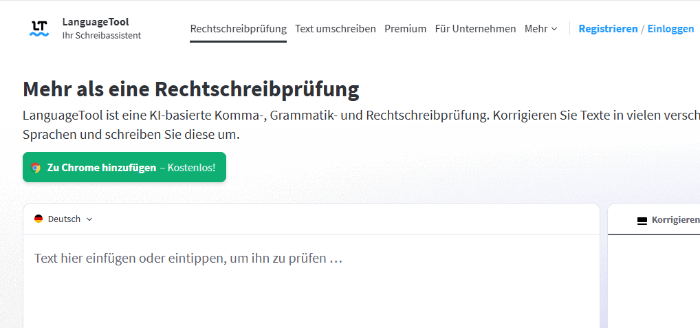 LanguageTool Webseite mit Eingabefeld für Texte und Korrekturvorschlägen zur Online-Textanalyse und Wörter zählen