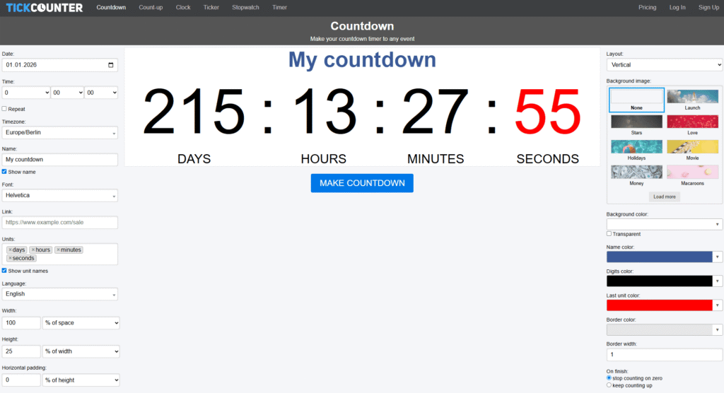 TickCounter.com Interface mit Countdown-Timer auf 1. Januar 2026, Anpassungsoptionen und Design-Konfigurator