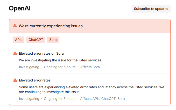OpenAI Statusseite mit roter Fehlermeldung über ChatGPT Status und Störungen bei APIs, ChatGPT und Sora