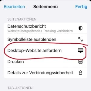 Safari-Browsermenü auf iPhone mit rot umkreister Option 