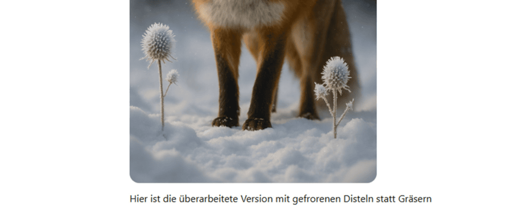 Screenshot eines Ausschnitts des ChatGPT-Bild-Editors. Ein fotorealistisches Bild eines Fuchses, von dem nur ein Ausschnitt zu sehen ist, neben dem Fuchs sind gefrorene Disteln zu sehen.