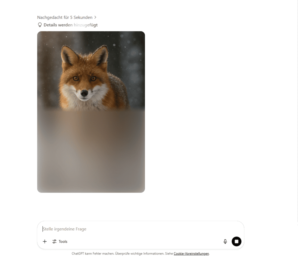 Screenshot der ChatGPT-Oberfläche, die den Prozess der Bildgenerierung zeigt. Über einem halb geladenen Bild steht der Hinweis 'Details werden hinzugefügt'.