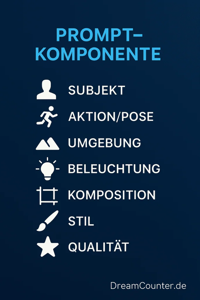 Infografik, die die 7 Komponenten eines guten Prompts für die KI-Bilderstellung auflistet: Subjekt, Aktion/Pose, Umgebung, Beleuchtung, Komposition, Stil und Qualität. Grundlagen, um hochwertige ChatGPT Bilder erstellen zu können.